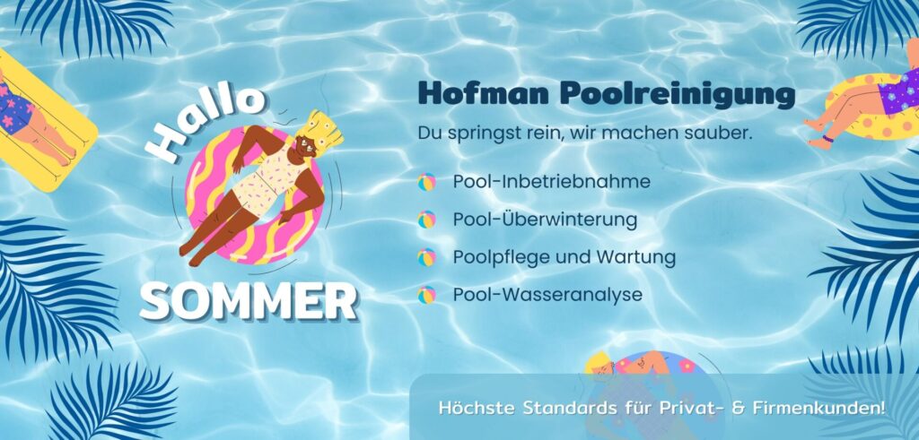 Corporate Design Banner für Poolreinigung mit sommerlichem Wasser-Hintergrund und Branding-Elementen