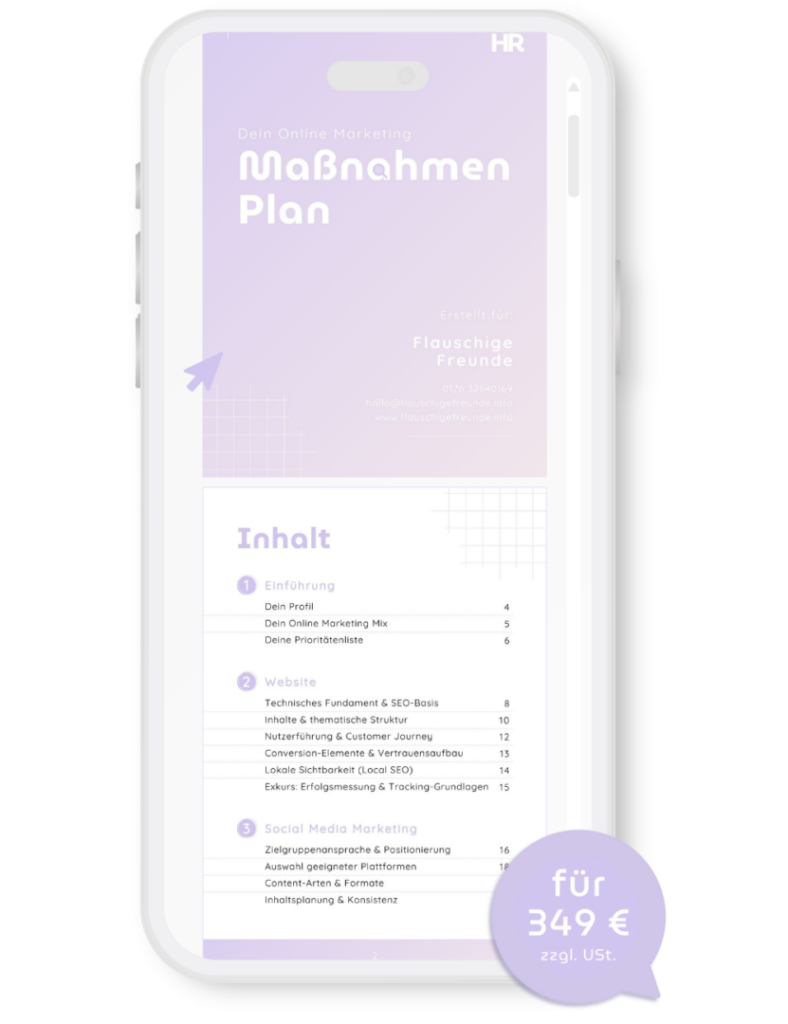 Online Marketing Maßnahmenplan als PDF mit strukturierter Übersicht und Preisangabe