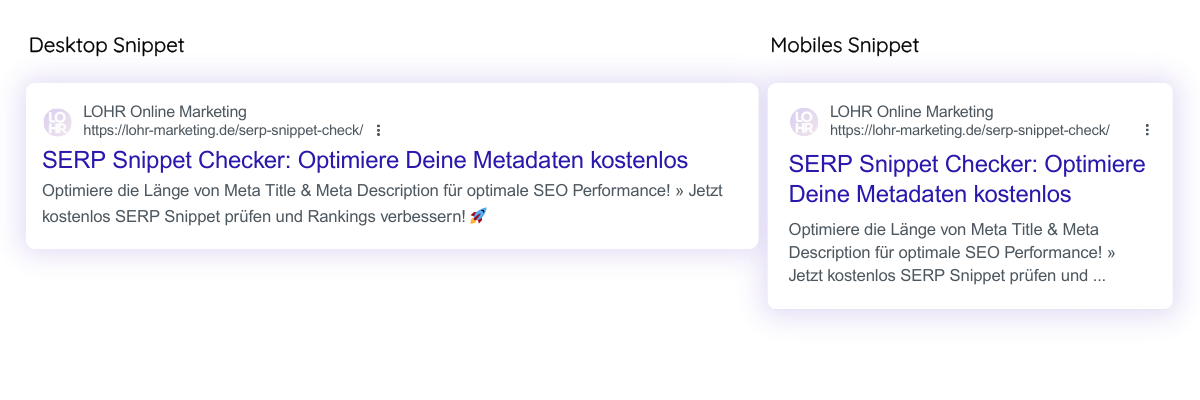 Desktop Google SERP Snippet mit optimierter Pixel-Länge für Meta Title und Meta Description