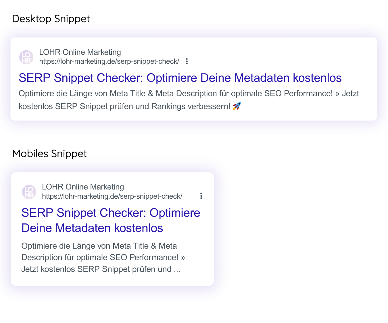 Mobile Google SERP Snippet mit angepasster Pixel-Länge für Meta Title und Meta Description